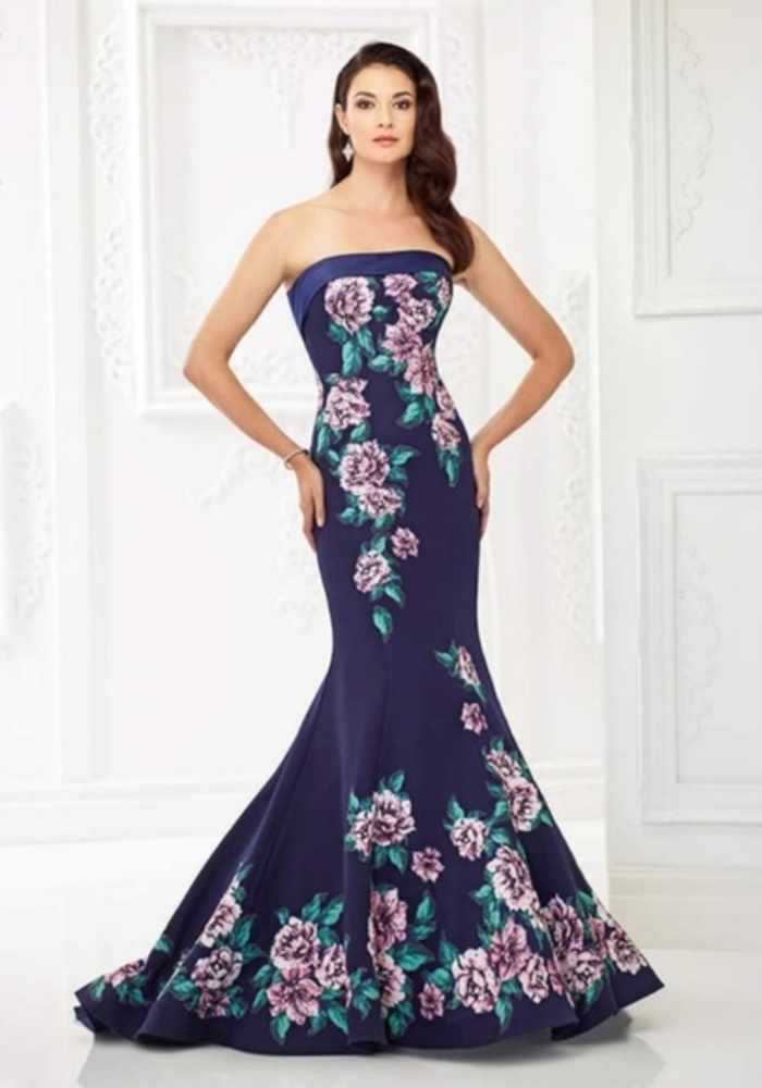 Montage by Mon Cheri Strapless Navy Floral Mermaid Gown